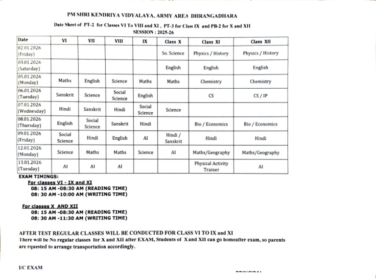 PT Exam Schedule for Classes VI-XII | PDF