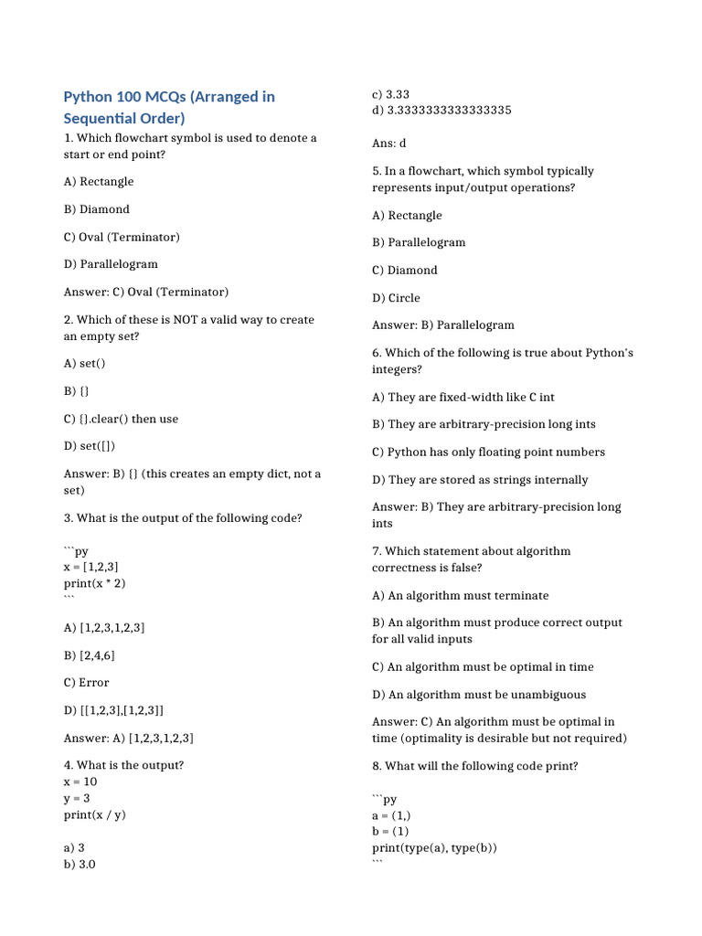 Python MCQs: 100 Questions with Answers | PDF | Control Flow | Scope ...