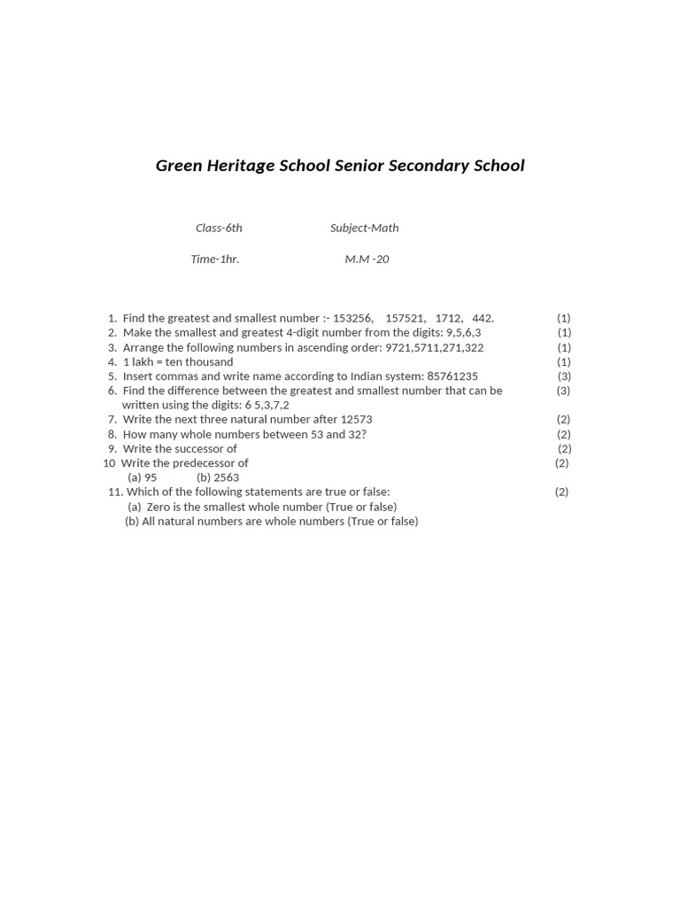Class 6 Math Exam Paper - Green Heritage | PDF