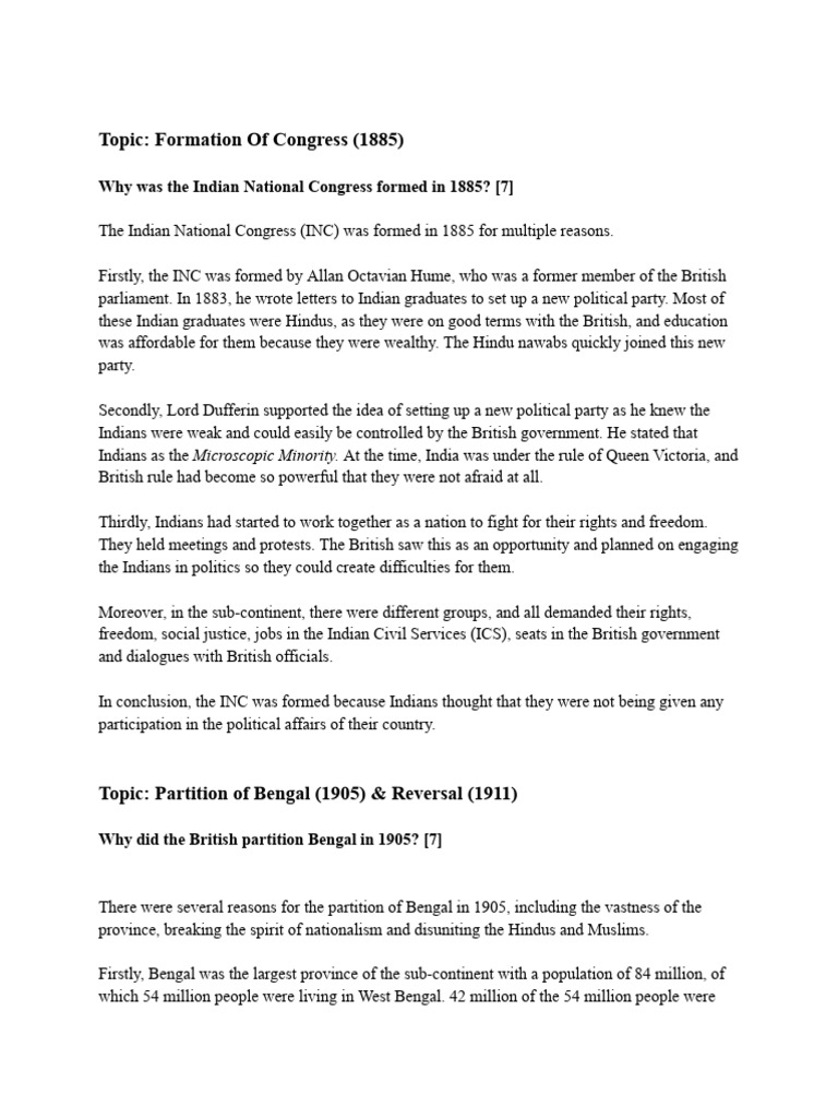 Formation of Congress and Bengal Partition | PDF | Partition Of India ...