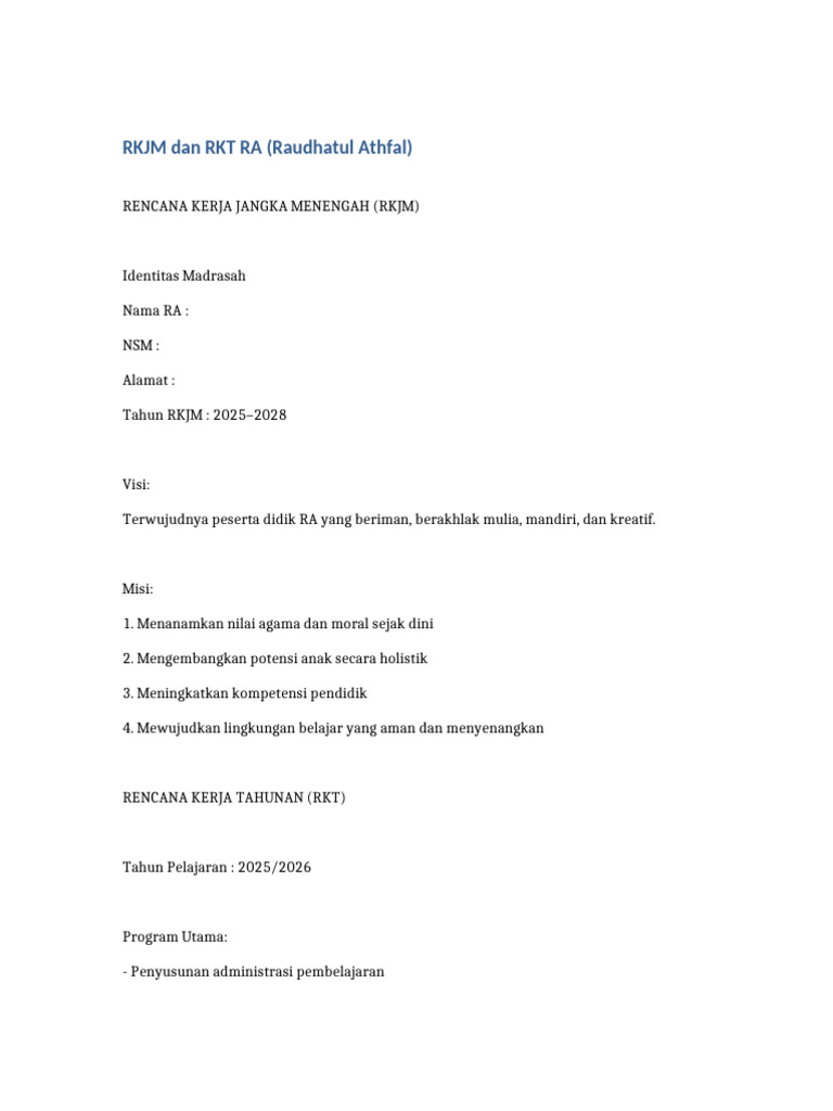 RKJM dan RKT RA 2025-2028: Rencana Pendidikan | PDF