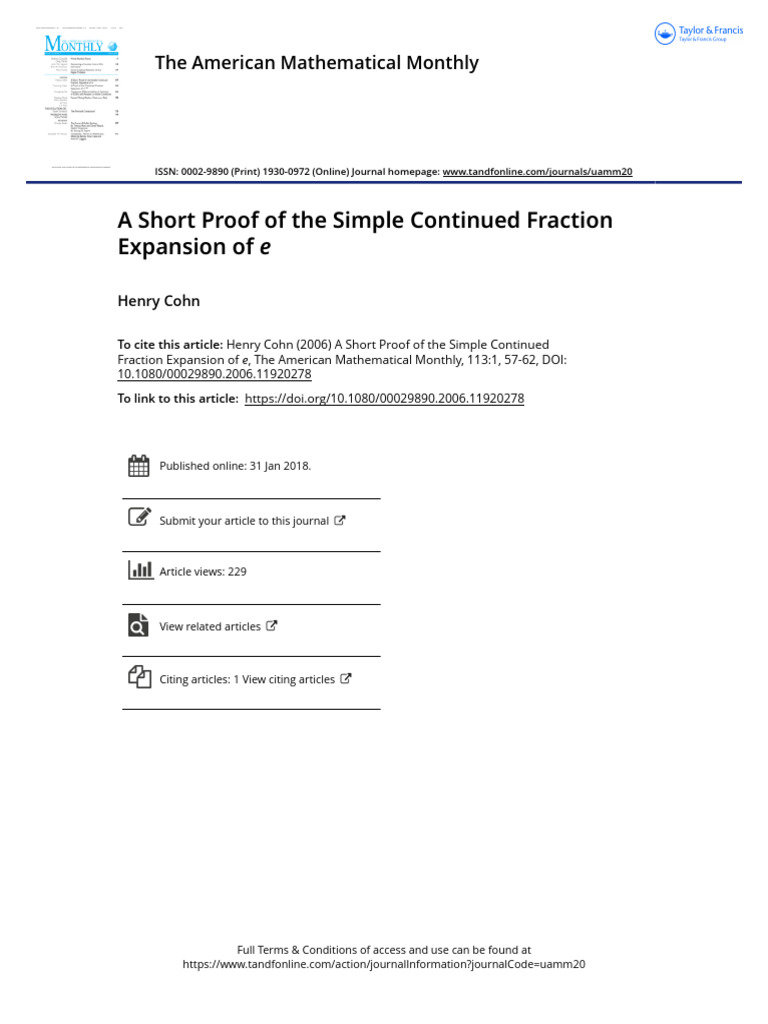 Short Proof of e's Continued Fraction | PDF | Theorem | Mathematical Proof