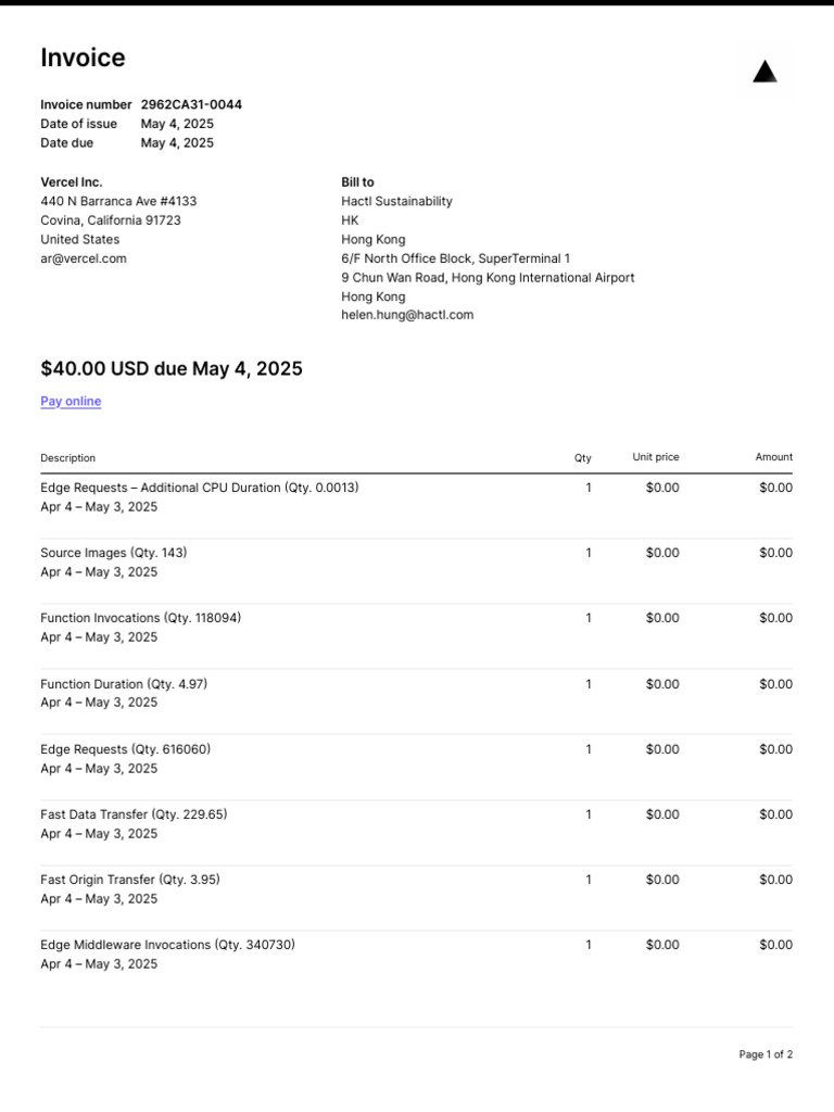 Vercel Invoice #2962CA31-0044 | PDF | Business Documents