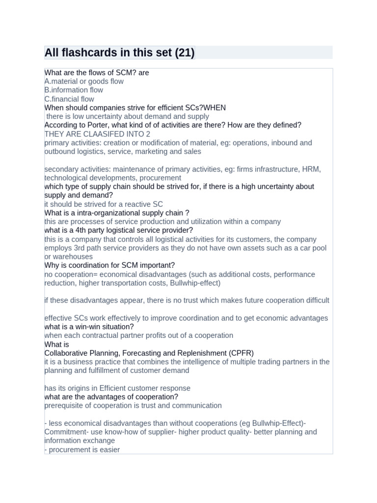All Flashcards FOR SUPLLYCHAIN MANGMENT | PDF | Supply Chain Management ...