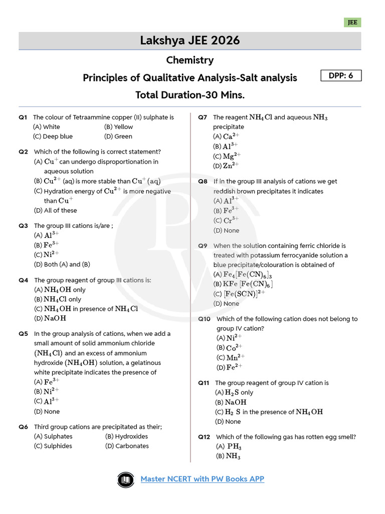 Principles of Qualitative Analysis Salt Analysis DPP 06 of Lec 07 | PDF ...