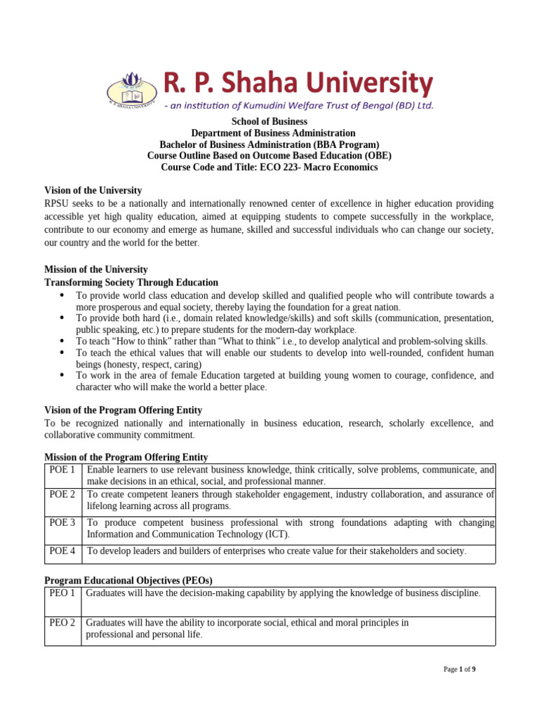 BBA Course Outline: Macro Economics | PDF | Gross Domestic Product ...