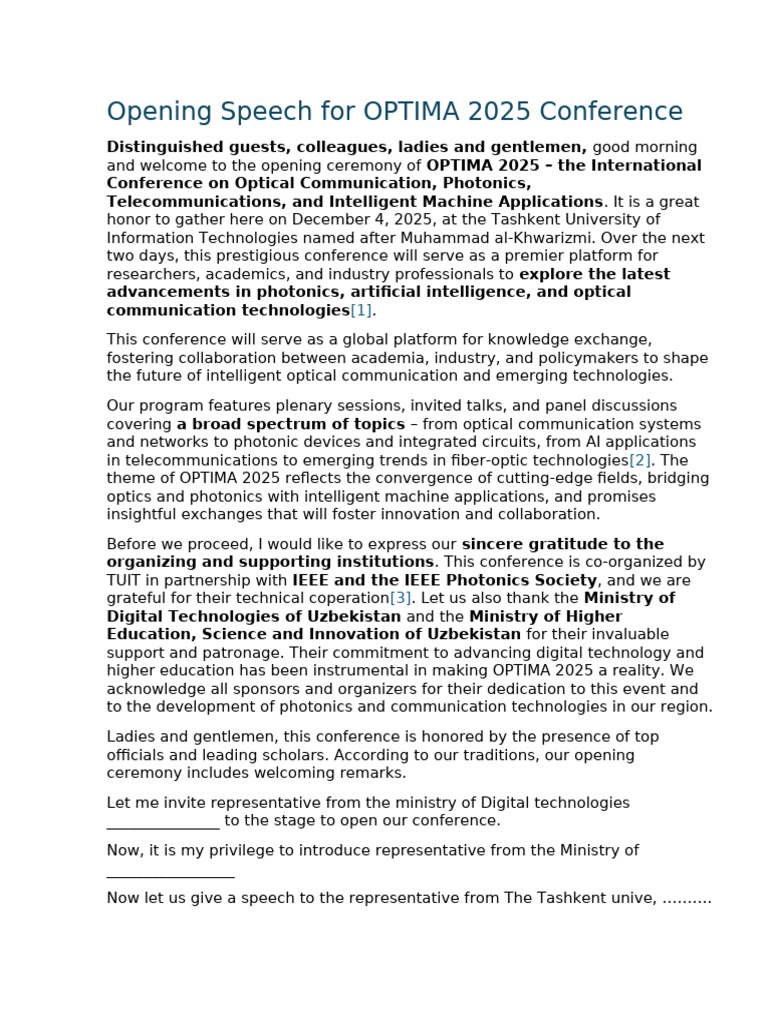 Opening Speech For OPTIMA 2025 Conference | PDF | Photonics | Light