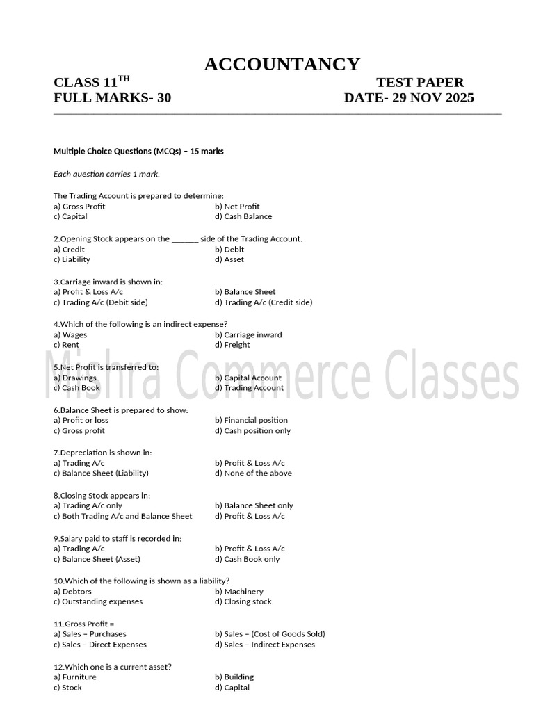Class 11 Accountancy Test Paper | PDF | Debits And Credits | Balance Sheet