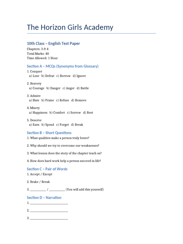 10th Grade English Test Paper Guide | PDF