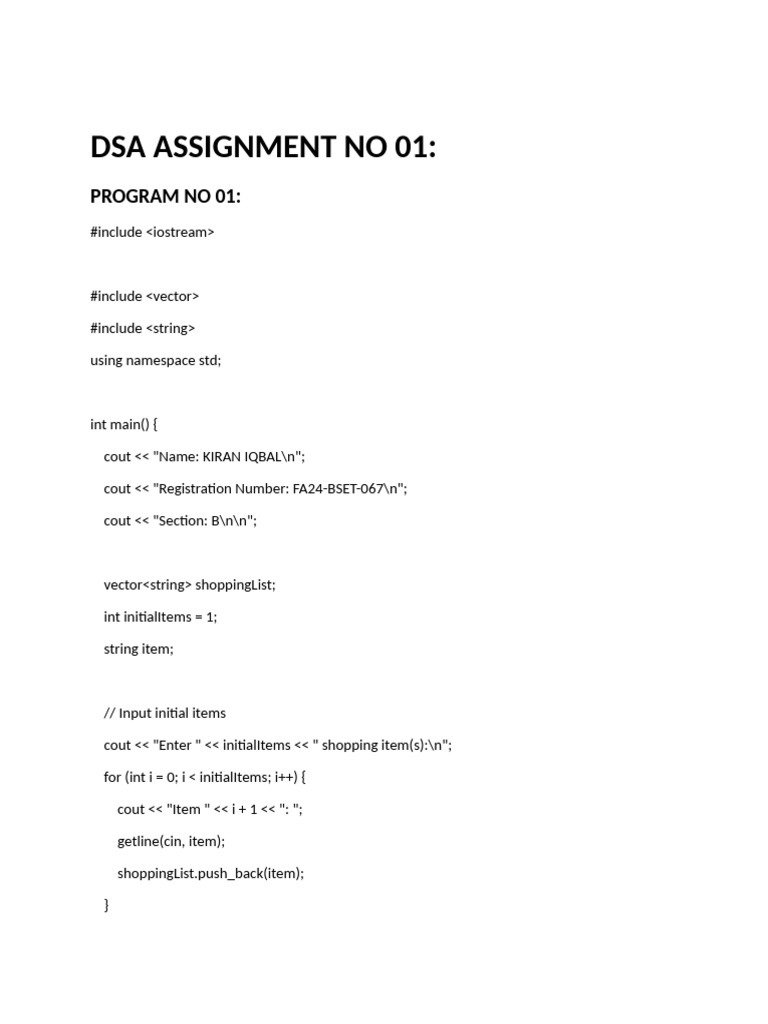 Kiran Dsa Asssignment 01 | PDF | Computer Programming | C++