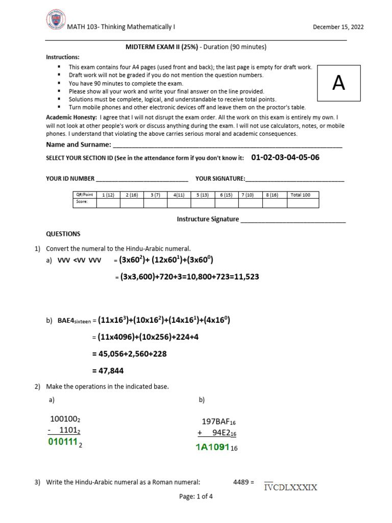 MATH 103 Midterm Exam II Instructions | PDF | Mathematics