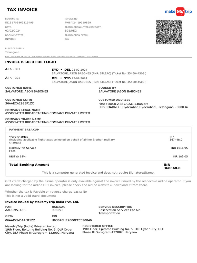 In1b1706869319495 Make My Trip Tax Invoice 1 | PDF | Invoice | Payments
