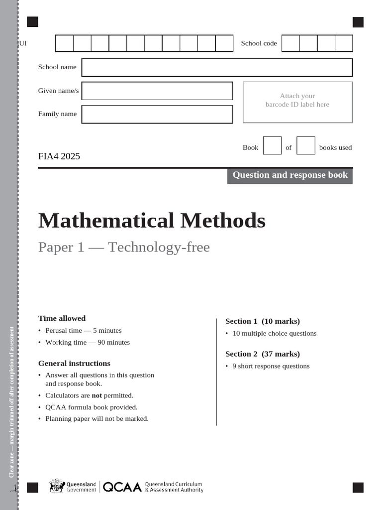 Mathematical Methods Exam Paper 1 | PDF | Mathematics