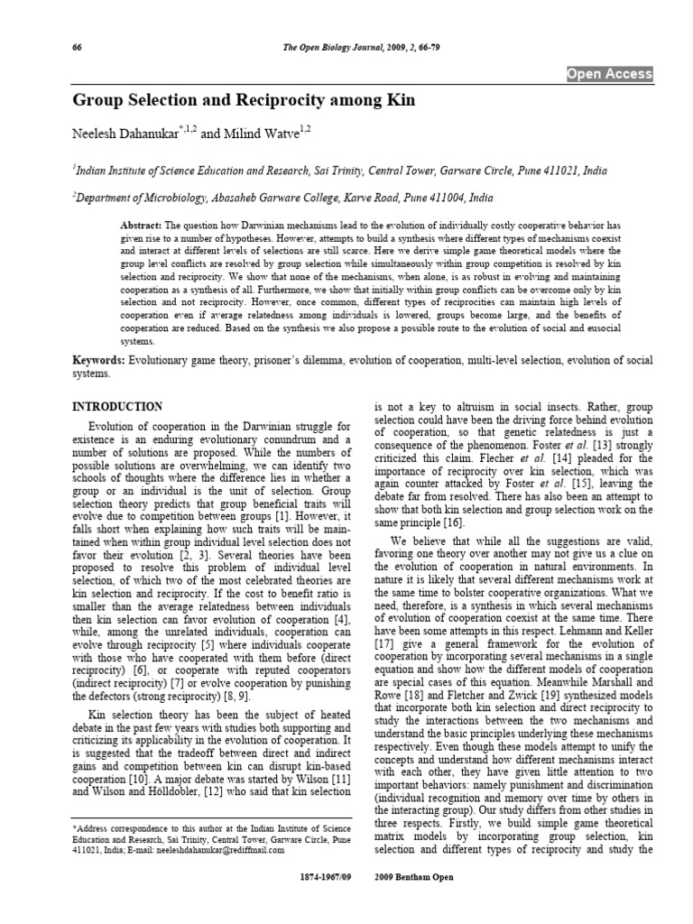 Group Selection and Kin Reciprocity in Evolution | PDF | Cooperation ...