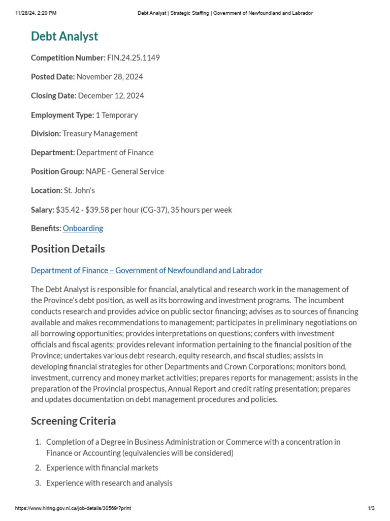 Debt Analyst Job Opening in St. John's | PDF | Financial Analyst | Debt