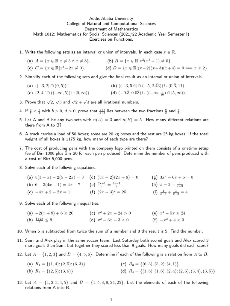 Math 1012 Exercises on Functions | PDF | Mathematics | Chess Theory