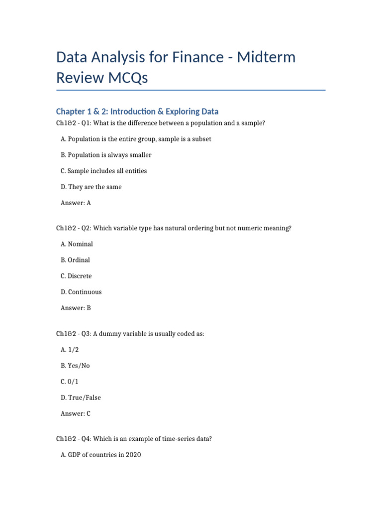 Finance Data Analysis Midterm MCQs | PDF | Skewness | Standard Deviation