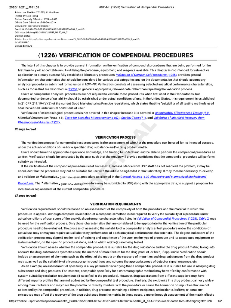 Verification of Compendial Procedures | PDF | Verification And Validation
