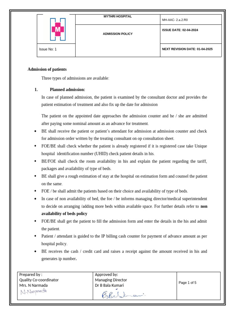 Aac 2.a.2. Admission Policy | PDF | Intensive Care Unit | Patient