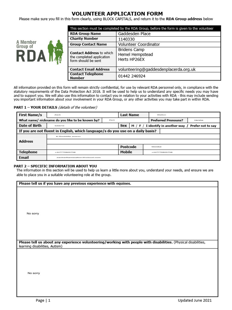 Volunteer Application Form 2021 | PDF | Disability