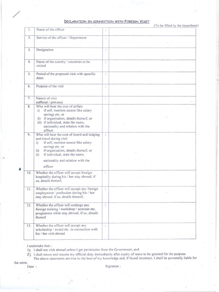 Mandatory Declaration Form For Foreign Visit | PDF