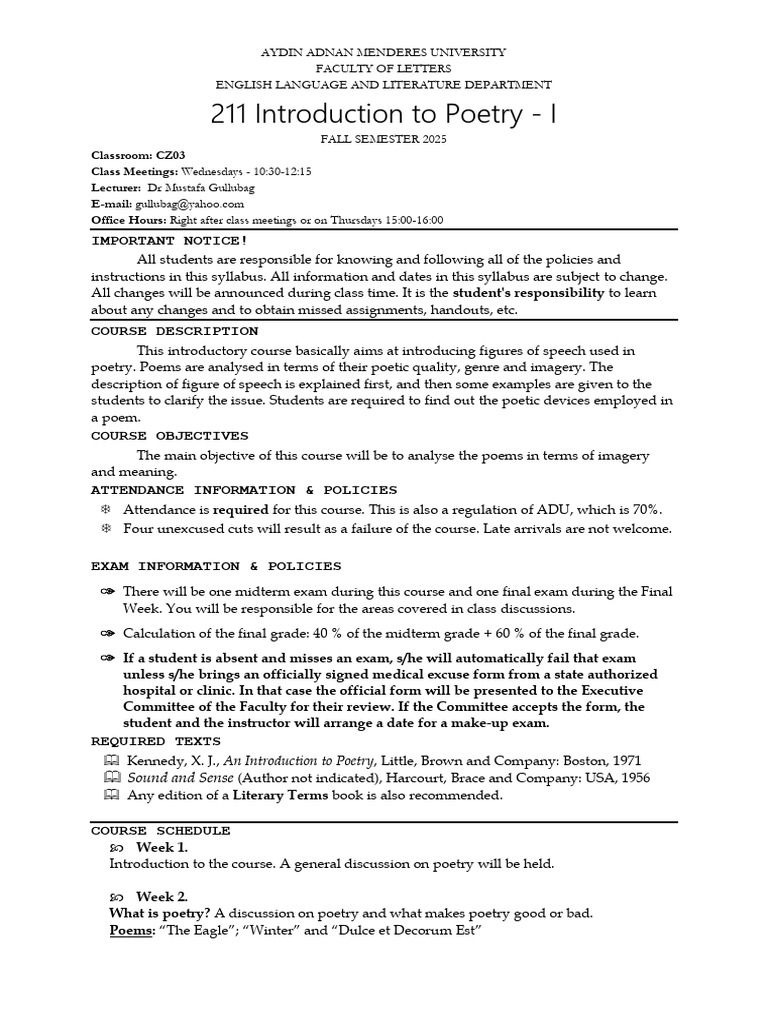 Introduction to Poetry Course Syllabus | PDF | Poetry