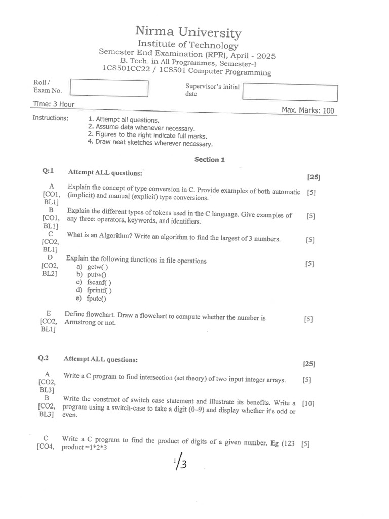 1CS501 Computer Programming SEE RPR April 2025 | PDF