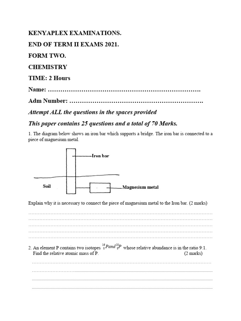 Form Two Chemistry End of Term Exam 2021 | PDF | Chemical Elements | Ion