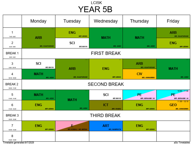 Year 5B Timetable 2025 Overview | PDF