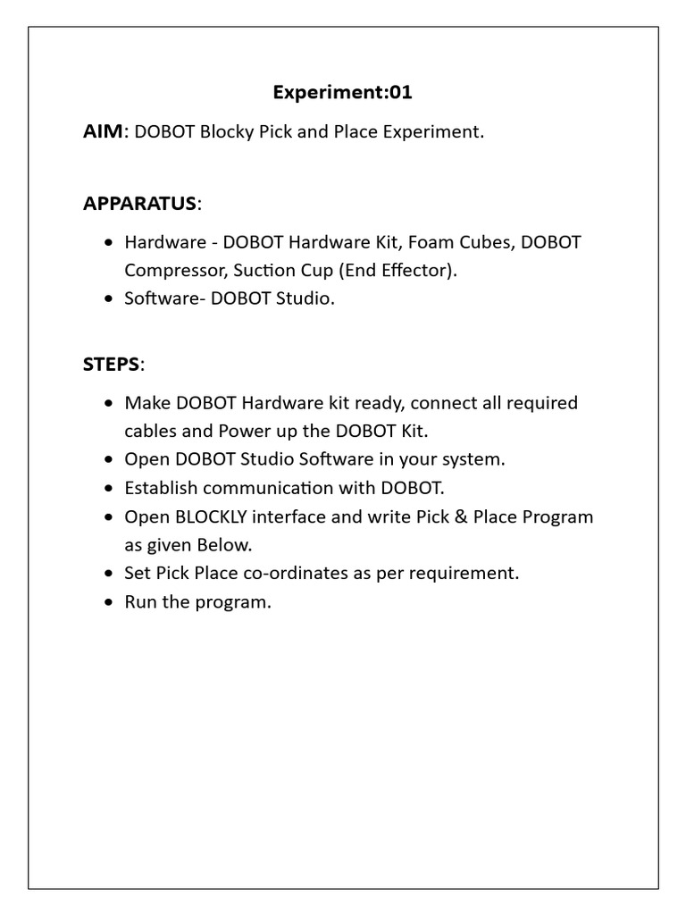 DOBOT Pick and Place Experiment Guide | PDF
