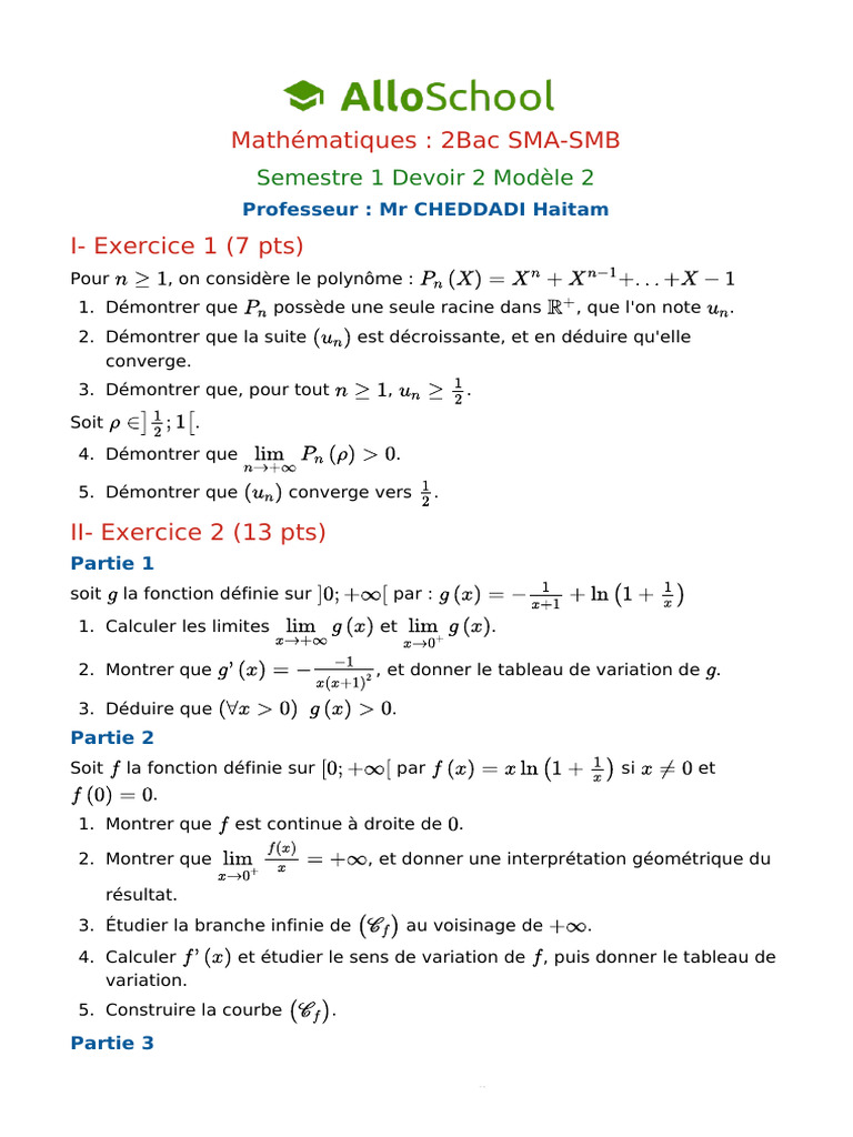 Devoir de mathématiques 2Bac SMA-SMB | PDF