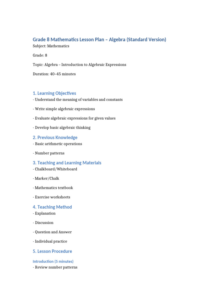 Grade 8 Algebra Lesson Plan Overview | PDF