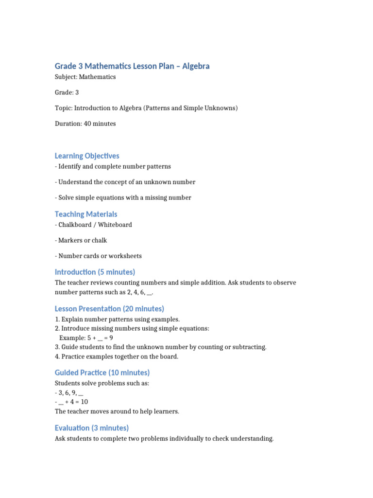 Grade 3 Algebra Lesson Plan: Patterns | PDF