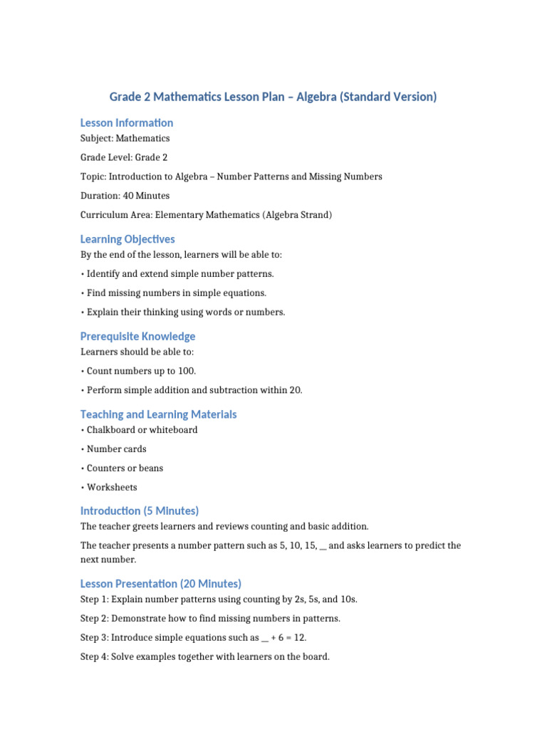 Grade 2 Algebra Lesson Plan: Patterns | PDF