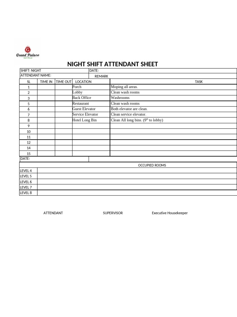 Night Shift Attendant Duties Log | PDF