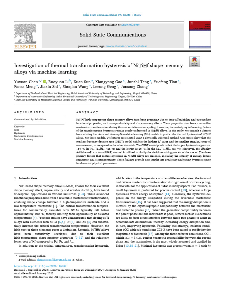 NiTiHf Alloys: ML Analysis of Hysteresis | PDF