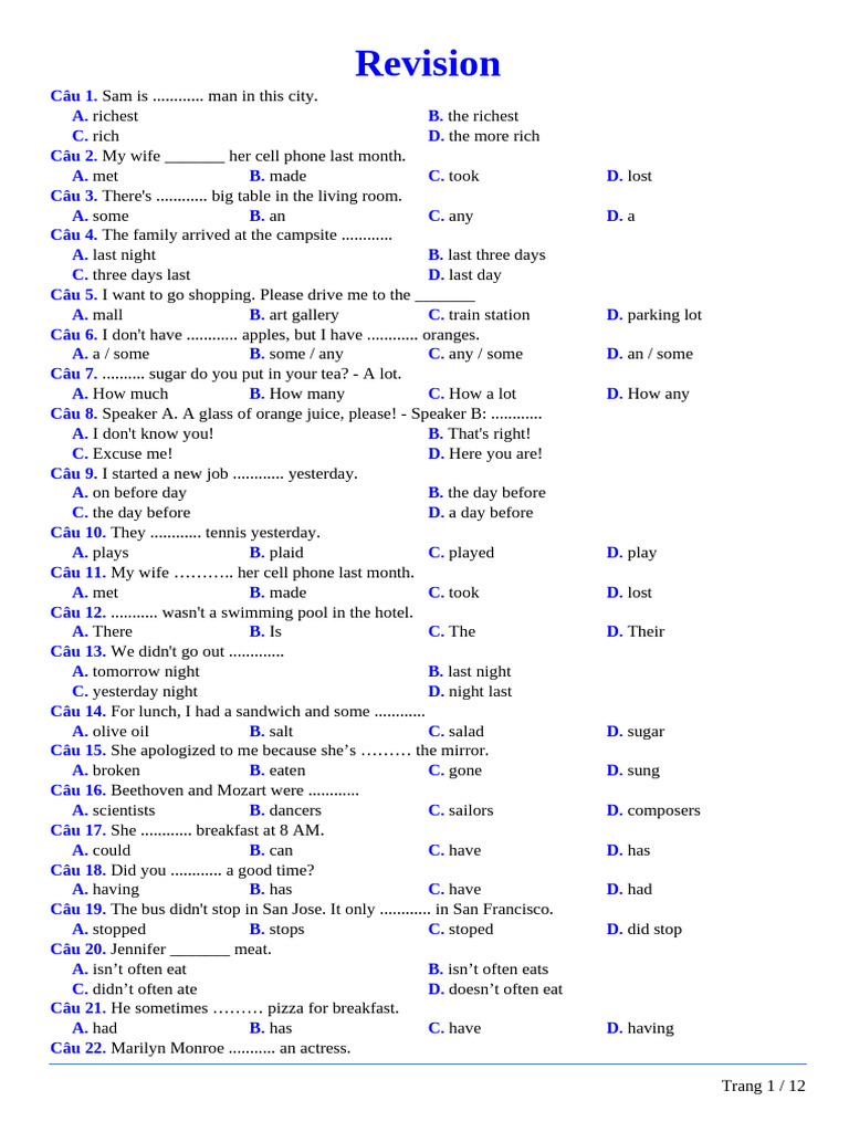 English Grammar Practice Questions | PDF | Foods | Cuisine