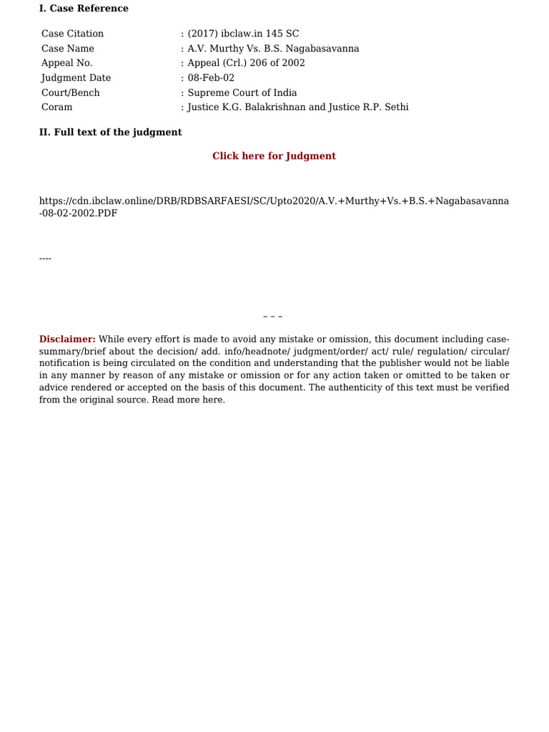 A V Murthy Vs B S Nagabasavanna Supreme Court of India | PDF