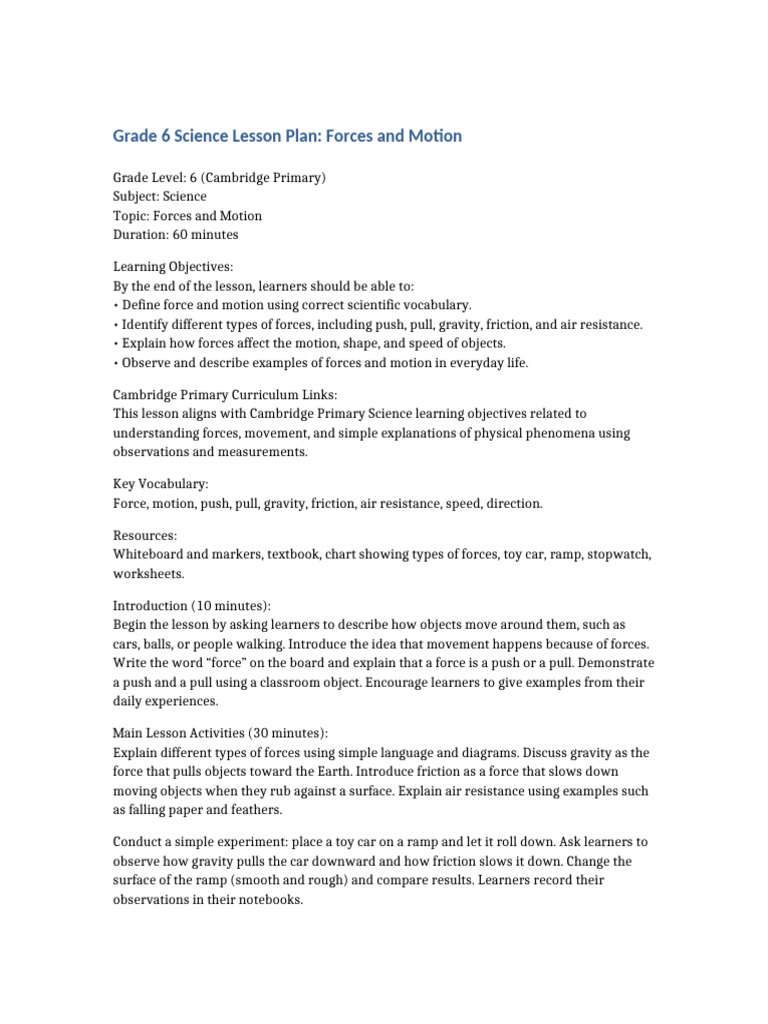 Grade 6 Forces and Motion Lesson Plan | PDF | Force | Friction