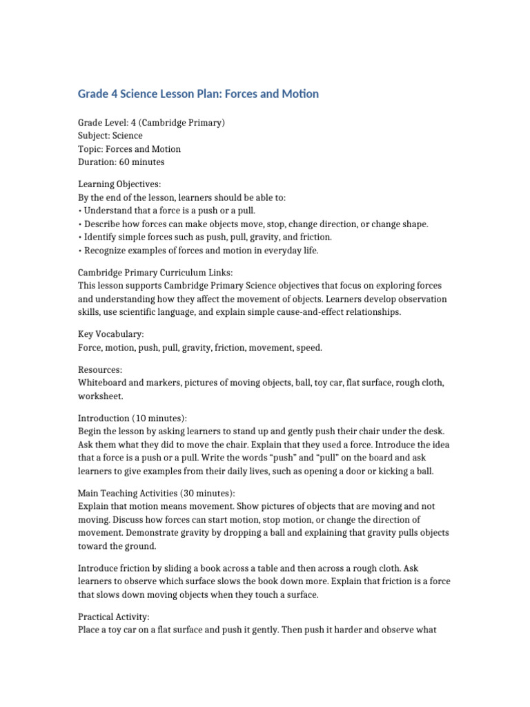 Grade 4 Lesson Plan: Forces & Motion | PDF | Force | Friction