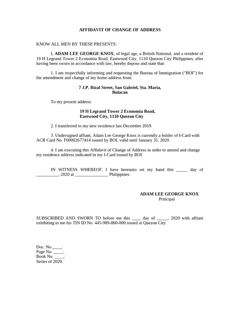 Affidavit for Address Change in Philippines | PDF