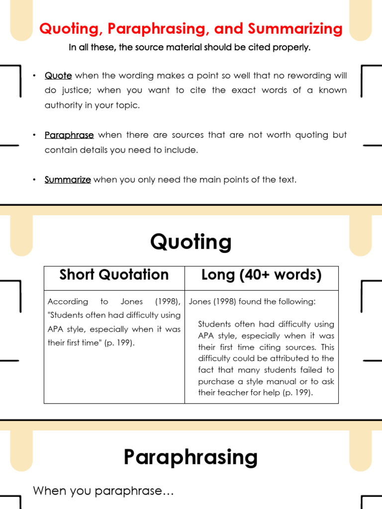 Quoting, Paraphrasing, and Summarizing Guide | PDF | Mental Health ...