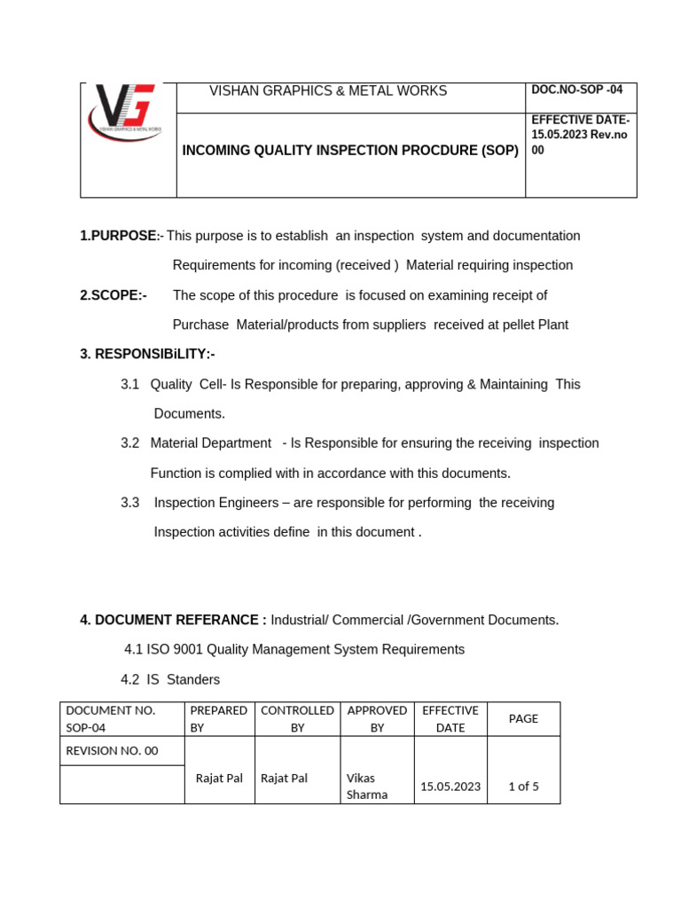 Incoming Quality Inspection SOP | PDF | Specification (Technical ...