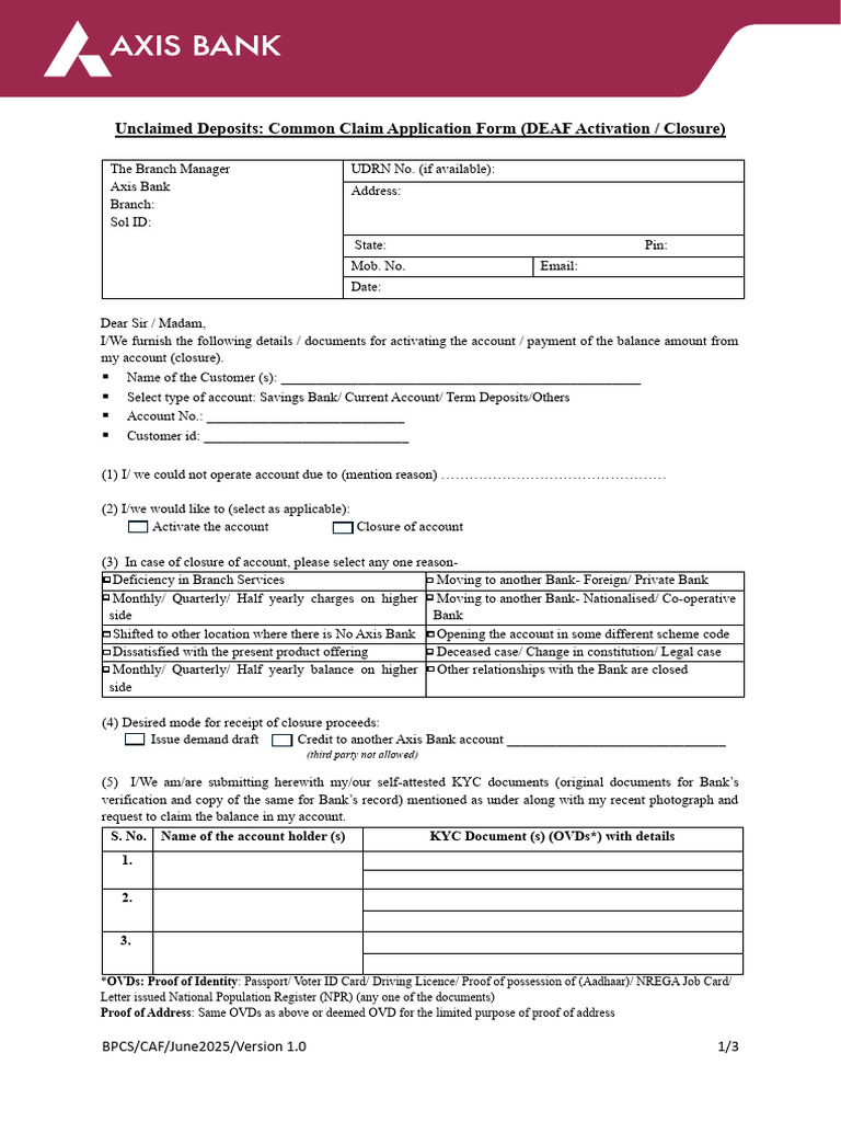 Unclaimed Deposit Claim Form Template | PDF | Identity Document | Banks