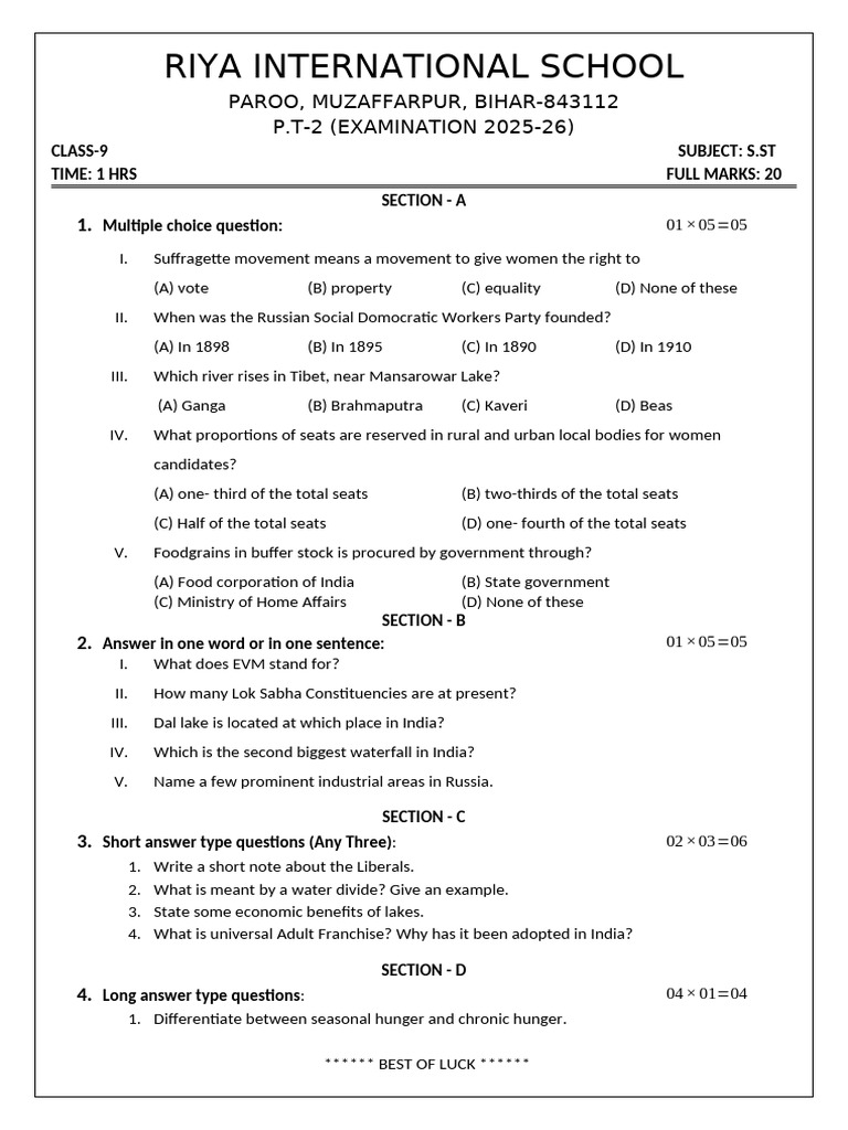 Class 9 S.ST Exam Paper 2025-26 | PDF | Government