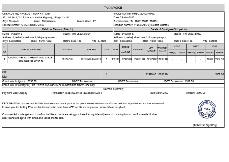 OnePlus 11R Invoice - Nov 2023 | PDF | Invoice | Taxes