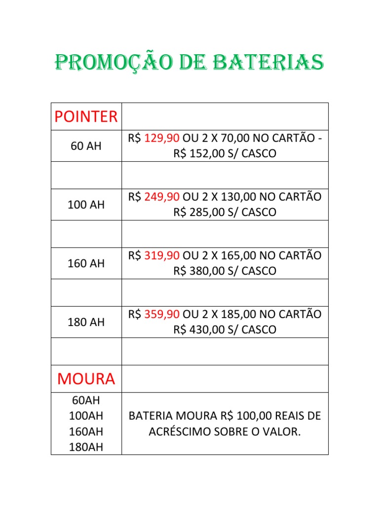 Tabela de Preços de Baterias | PDF