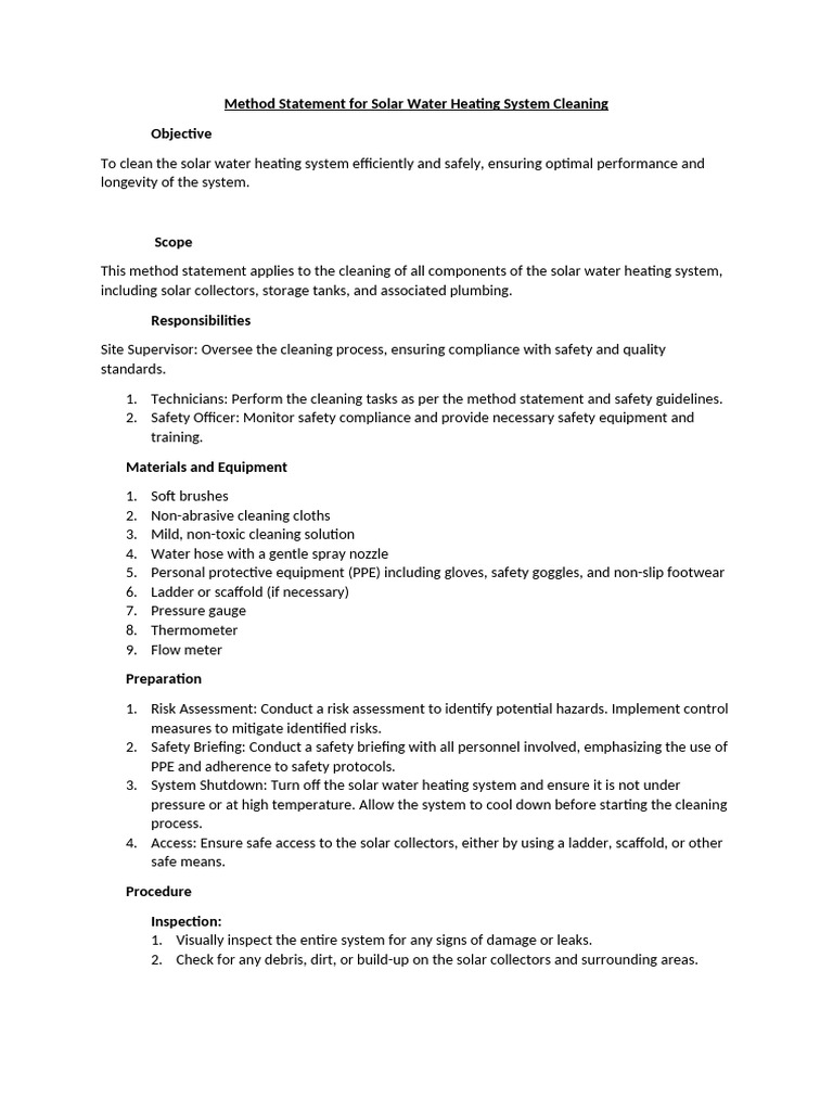 Method Statement For Solar Water Heating System Cleaning | PDF ...