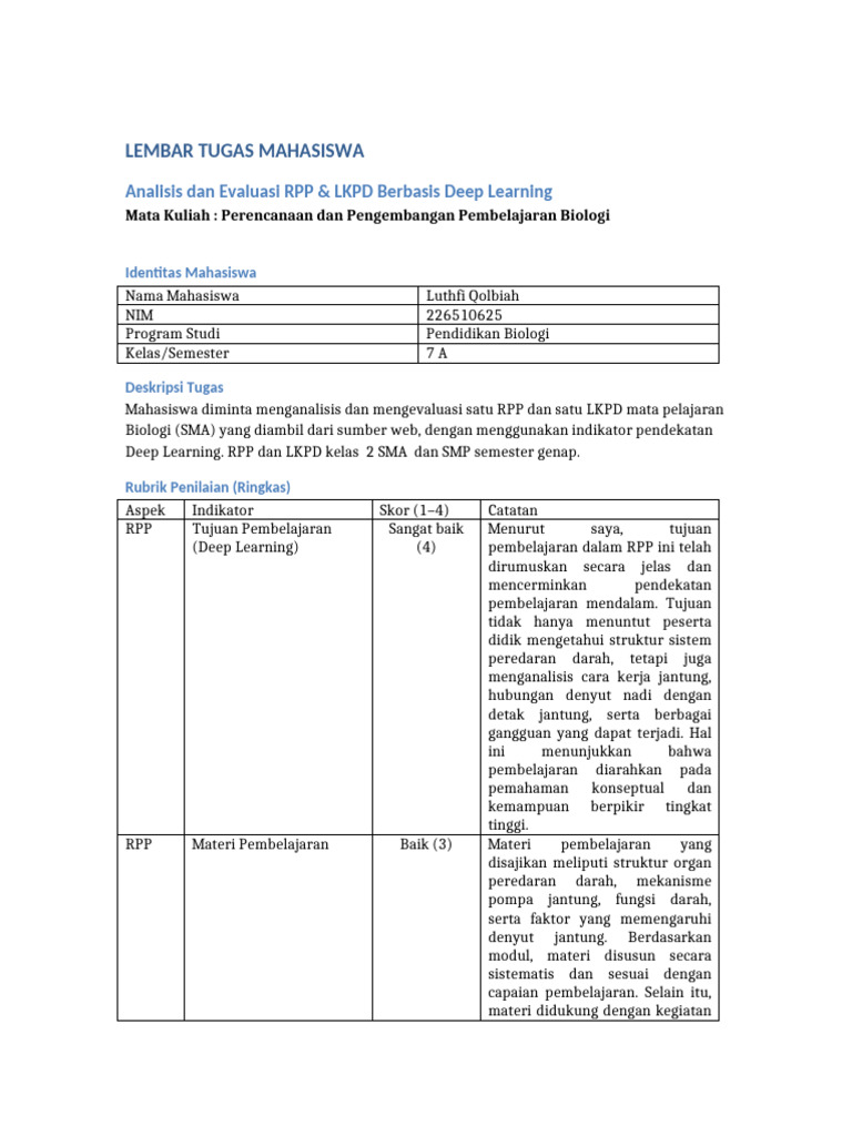 Evaluasi RPP & LKPD Deep Learning Biologi | PDF