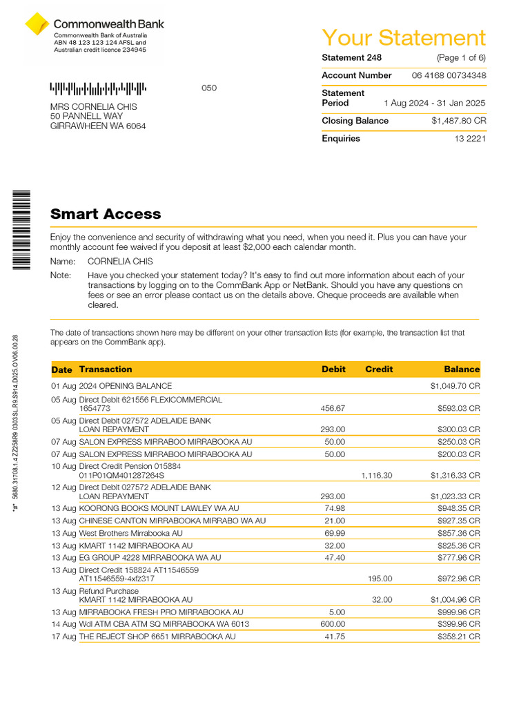 CommBank Statement for Cornelia Chis | PDF | Debits And Credits | Banks